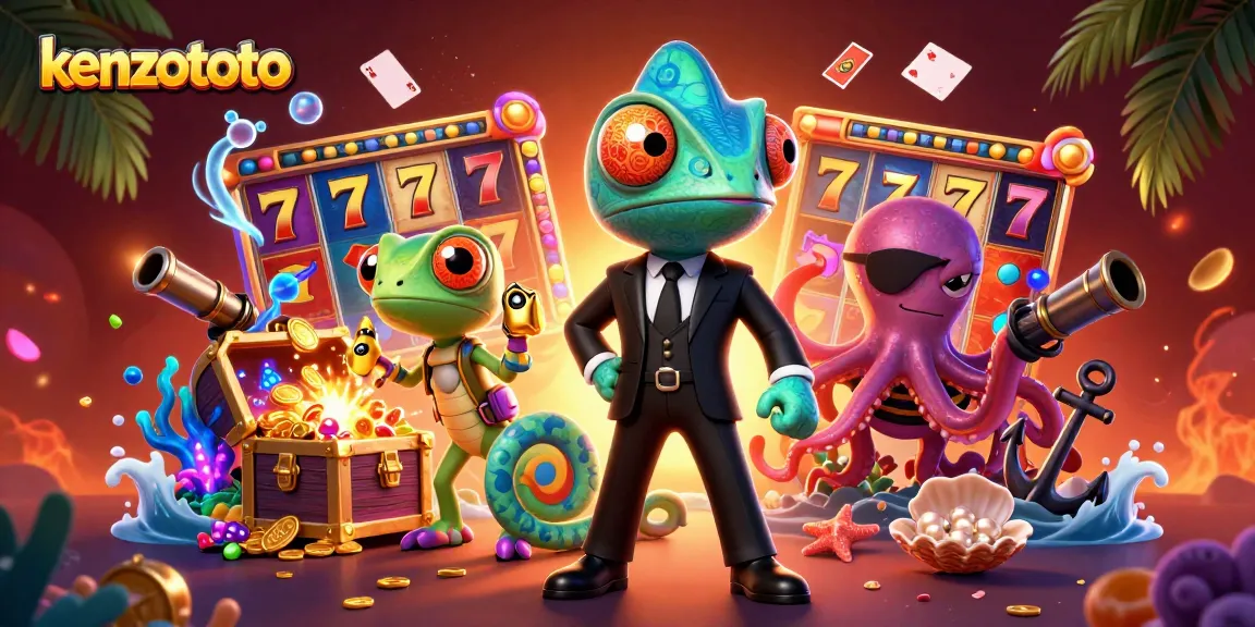 Kenzototo presents a vibrant 3D illustration featuring a secret agent chameleon, showcasing thrilling slot game elements.
