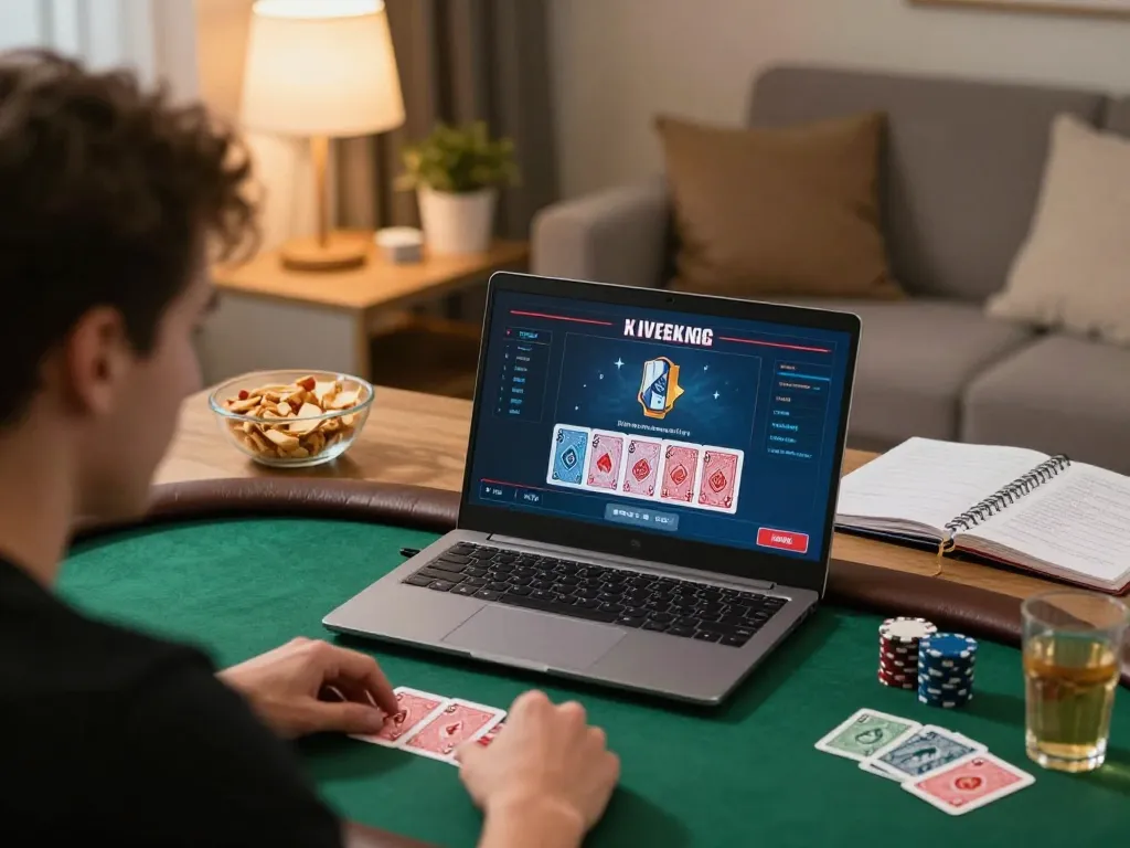 Engaged player using qqslot alternatif on a laptop at home with poker game interface visible.