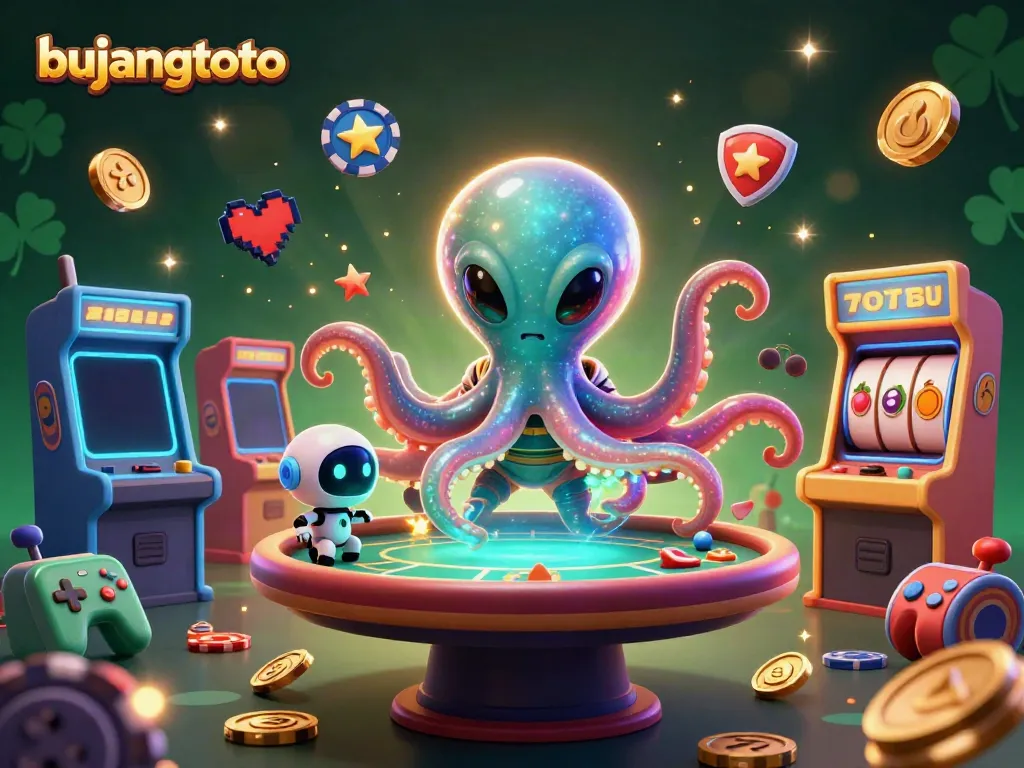 Engage with bujangtoto in a vibrant scene featuring an alien octopus and robot playing poker.