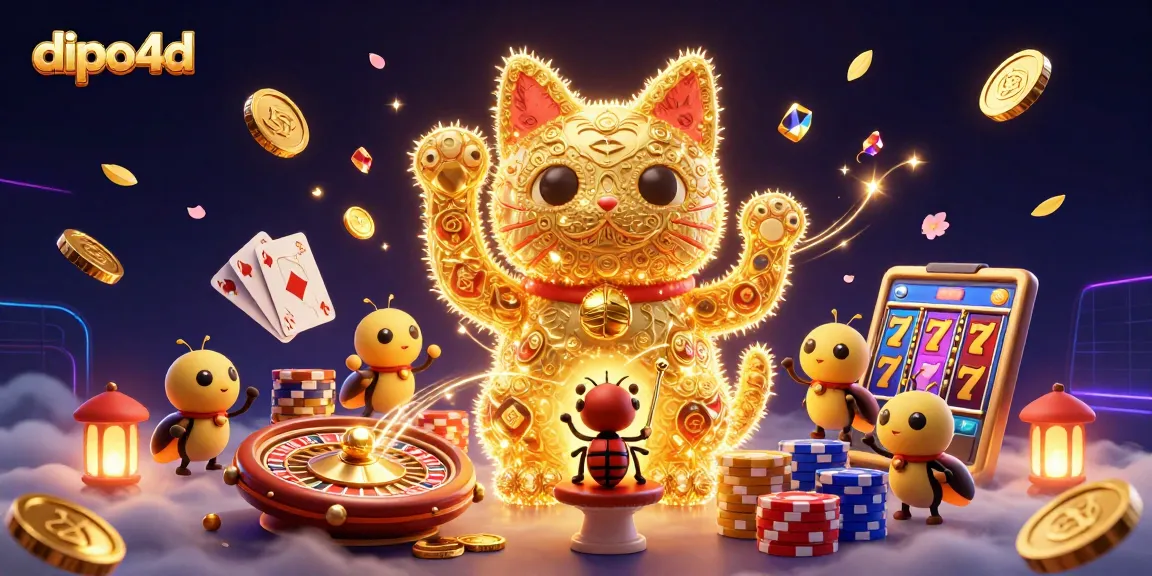 dipo4d engages players with vibrant gold fireflies forming a lucky cat in a dynamic casino scene.