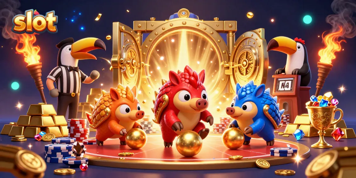 Slot game excitement with pangolins bowling through chips and treasures in a colorful casino