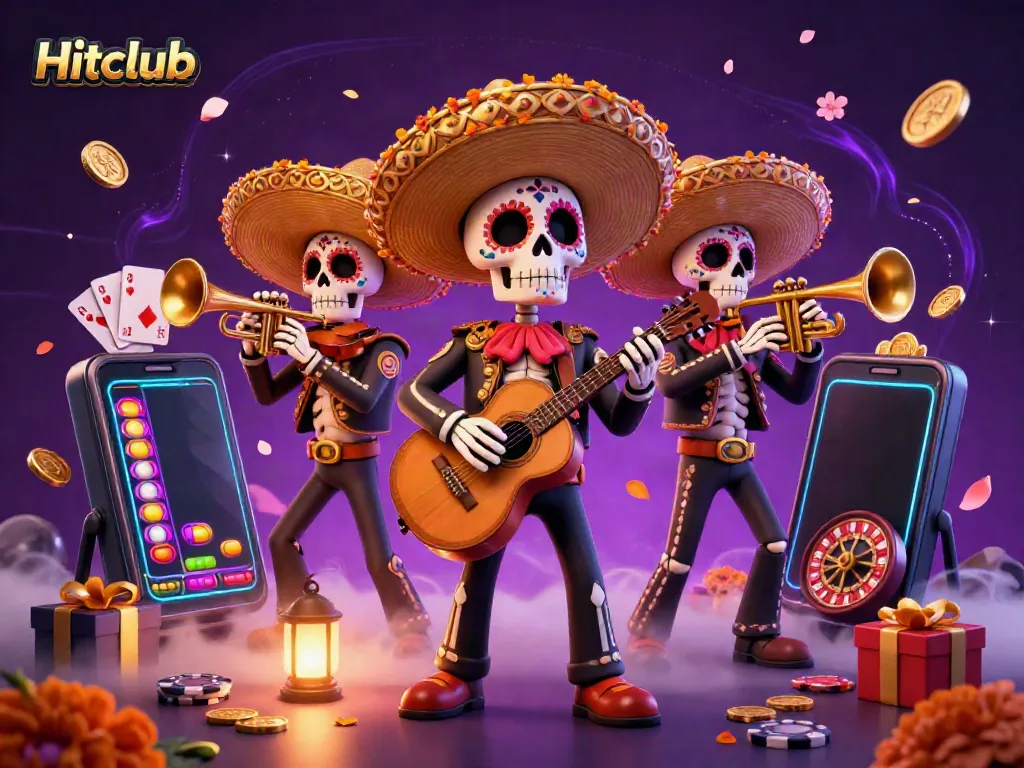 Engage with Hitclub's exciting gaming experience through this vibrant 3D digital illustration featuring a lively mariachi band.
