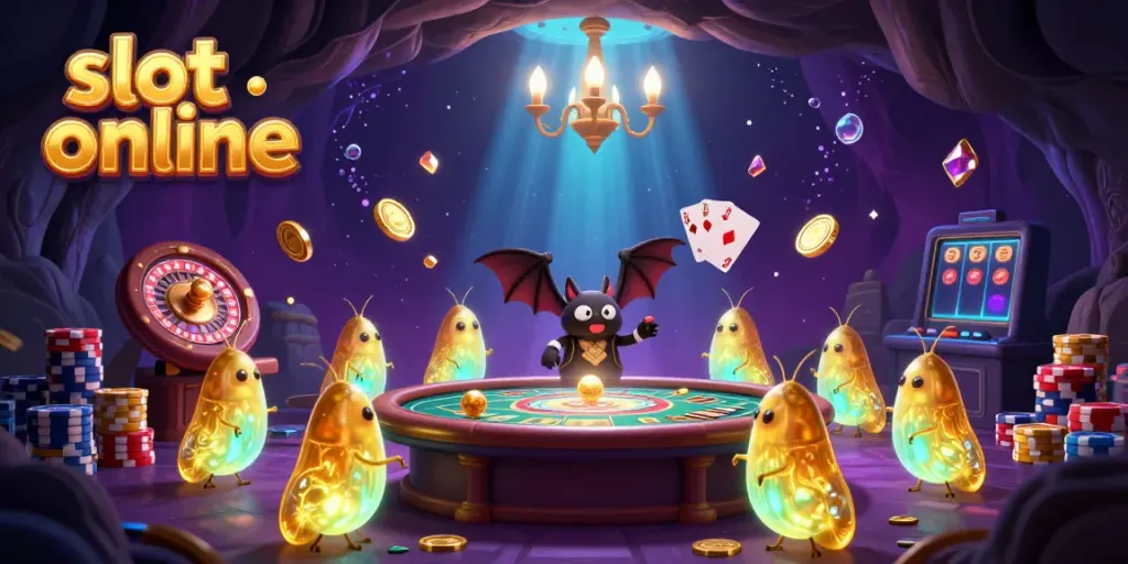 Bermain slot online dengan visual fantastis di kasino gua yang bercahaya dan penuh dengan koin emas dan permata