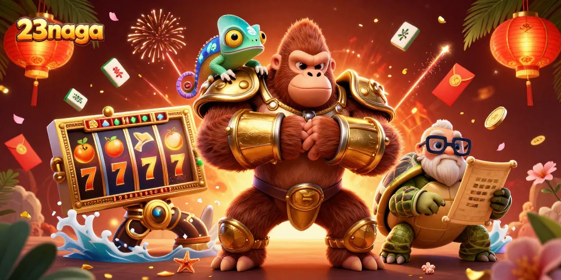 23naga meraih jackpot dengan simbol slot berkilau dan karakter menarik dalam ilustrasi 3D