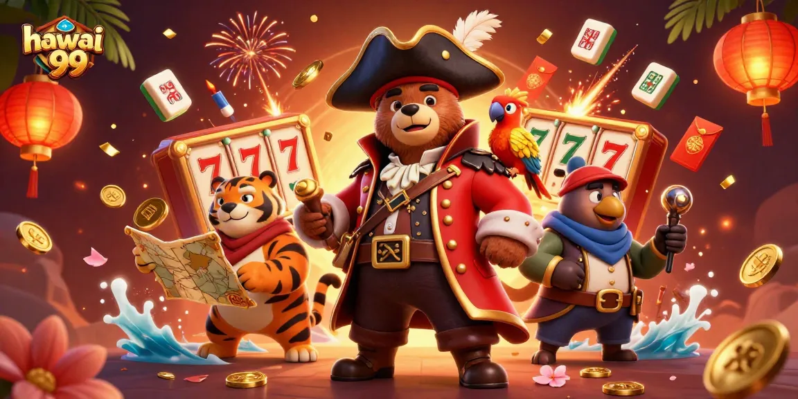 Join the action at hawai 99, showcasing an exciting scene with vibrant slot symbols and lively characters.