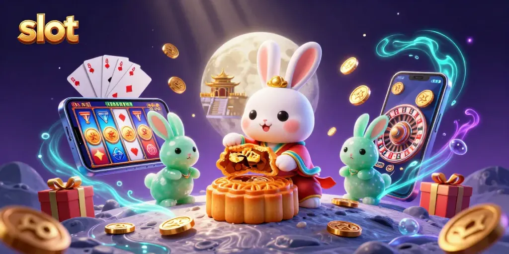 Slot fantastis di bulan dengan karakter imut dan simbol keberuntungan.