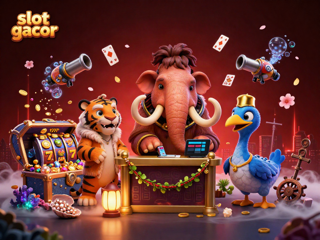 Slot gacor bouncer 3D mengawasi tamu VIP di kasino dengan elemen permainan mengelilinginya.