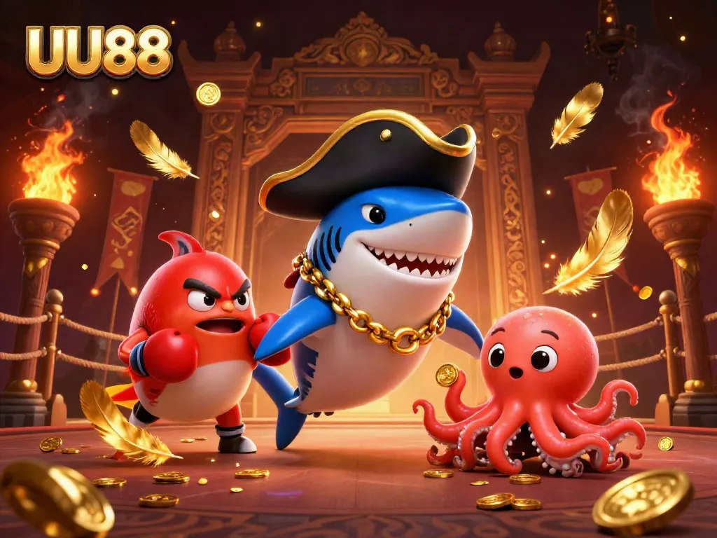UU88 engages players with a dynamic 3D illustration featuring a pirate shark, pufferfish, and octopus in a lively casino scene.