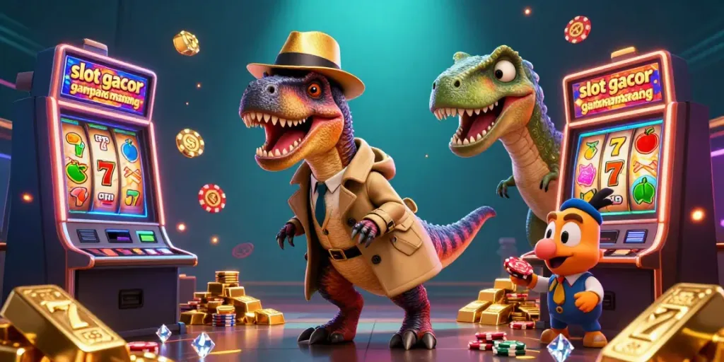 Ilustrasi 3D menampilkan slot gacor gampang menang dengan velociraptor bertindak seperti pemain di mesin slot, dikelilingi simbol kemenangan.