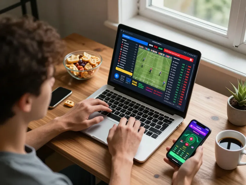 Engaged player using joylink free kredit for live sports betting on a laptop with smartphone nearby.
