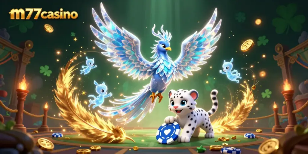 M77casino menyajikan ilustrasi 3D unik dengan phoenix es dan harimau salju dalam suasana kasino.