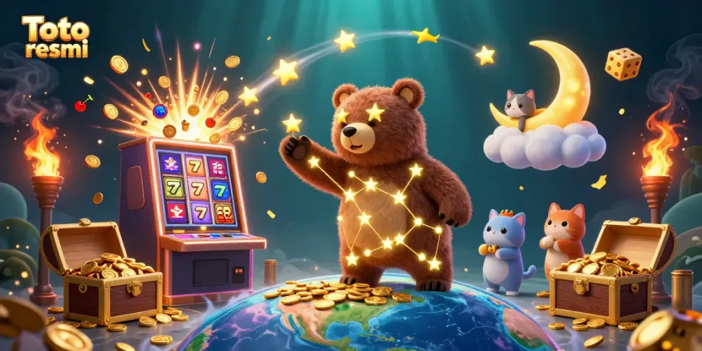 Experience thrilling games at Toto resmi with a magical scene of a constellation bear and exploding slot machine.