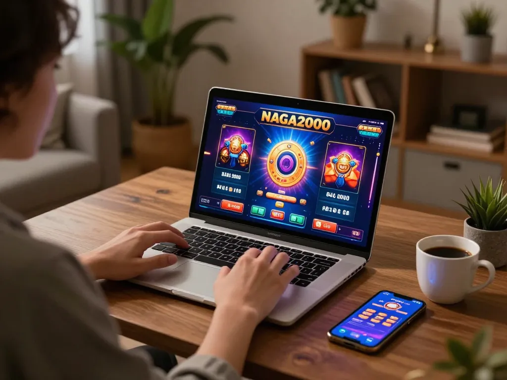 NAGA2000 player engaging with online slot games in a cozy home setting, showcasing strategic gameplay.