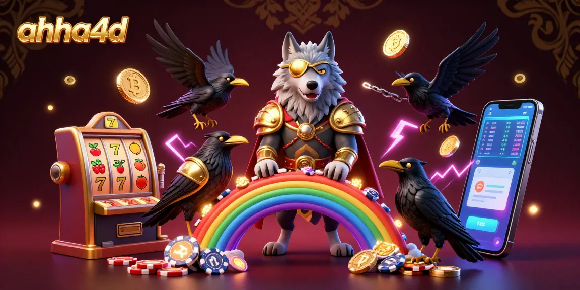 Engage with ahha4d, featuring Odin wolf and slot machines amidst glowing casino elements