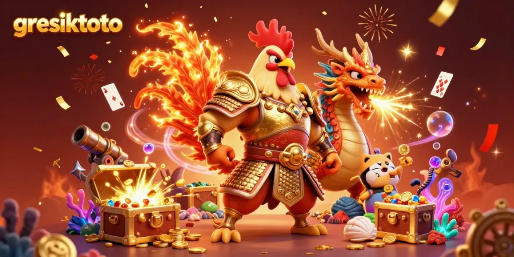 Experience epic gaming action with gresiktoto featuring a rooster warrior, dragon hatchling, and treasures galore!