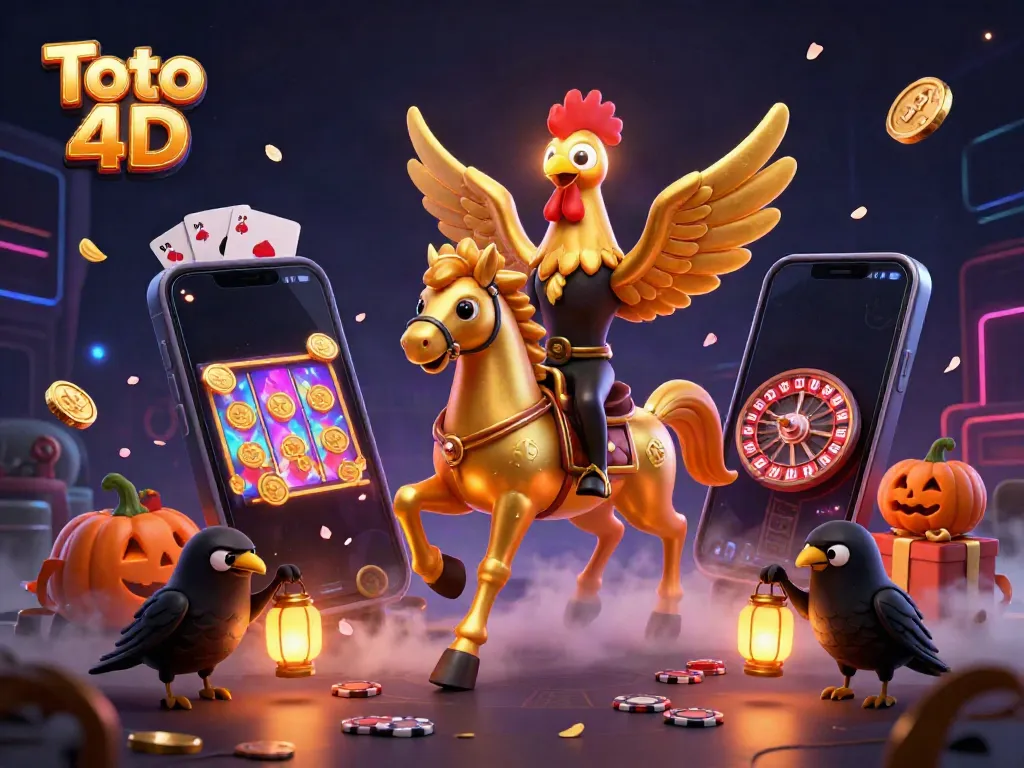 Menangkan Toto 4D dengan ilustrasi berwarna cerah dan karakter mengundang di kasino malam yang megah.