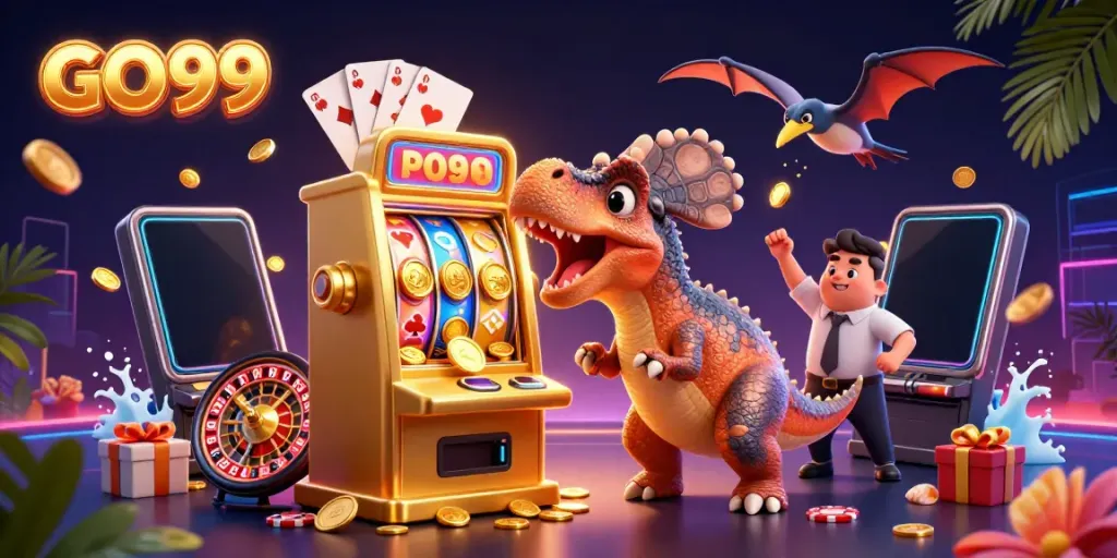 GO99 illustration featuring a dinosaur headbutting a slot machine for jackpots amid colorful casino elements.