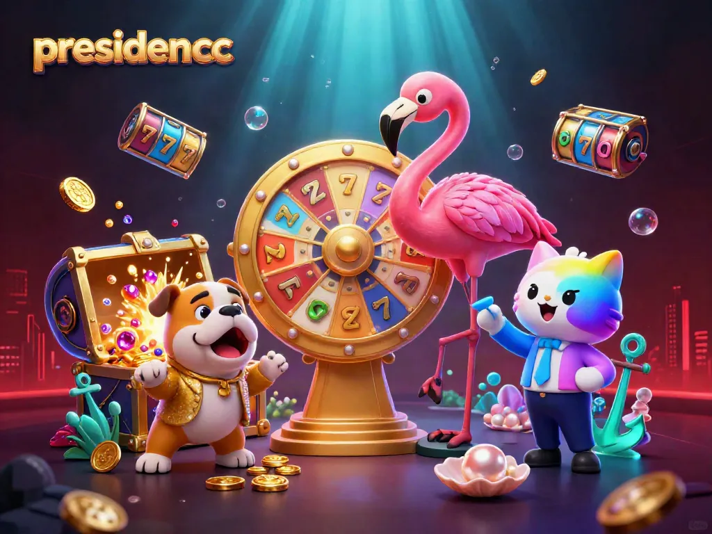 Watch the 3D flamingo host spin the prize wheel on presiden cc, amidst colorful casino elements.
