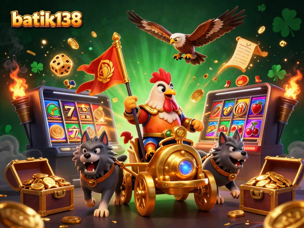 Mengungkap momen jackpot dalam permainan batik138 dengan simbol keberuntungan berkilau dan karakter yang menarik.