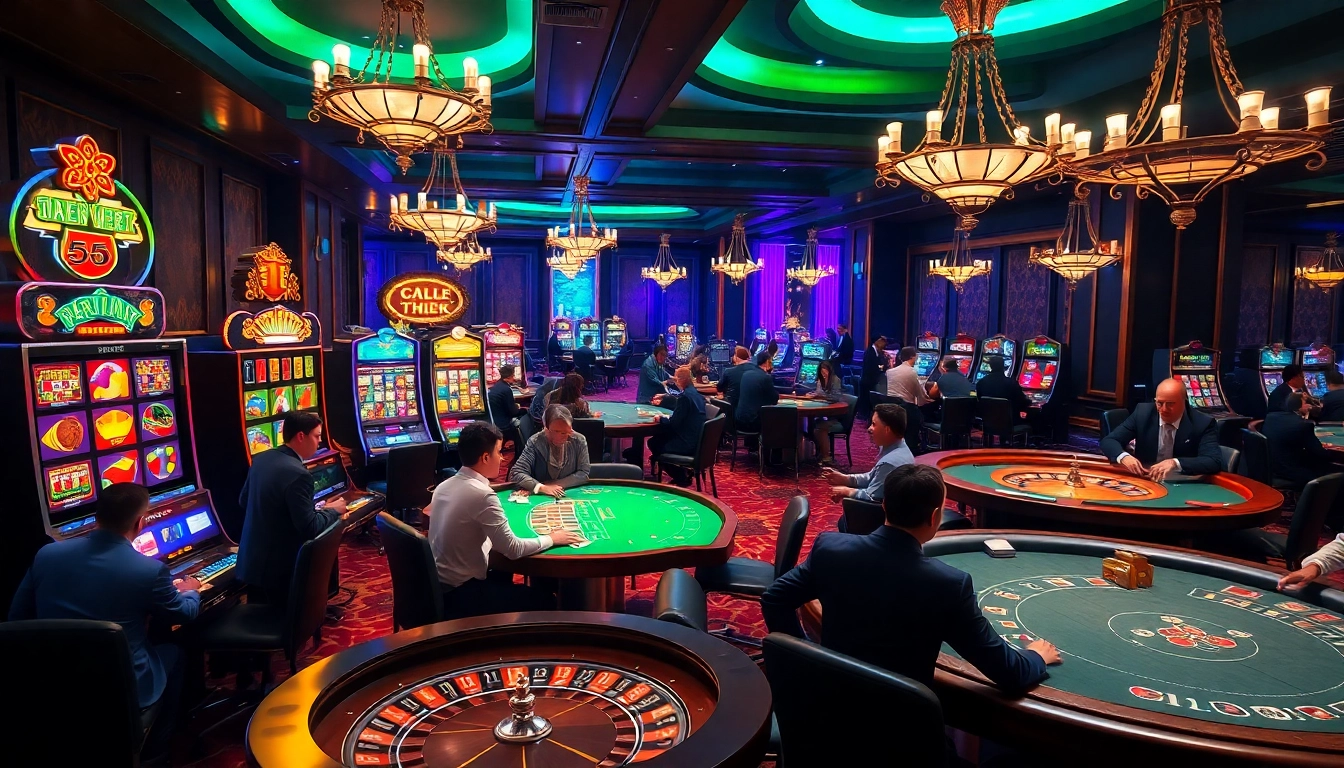 Kể truyện ma imagery in a lively casino setting with vibrant slot machines and intense poker tables.