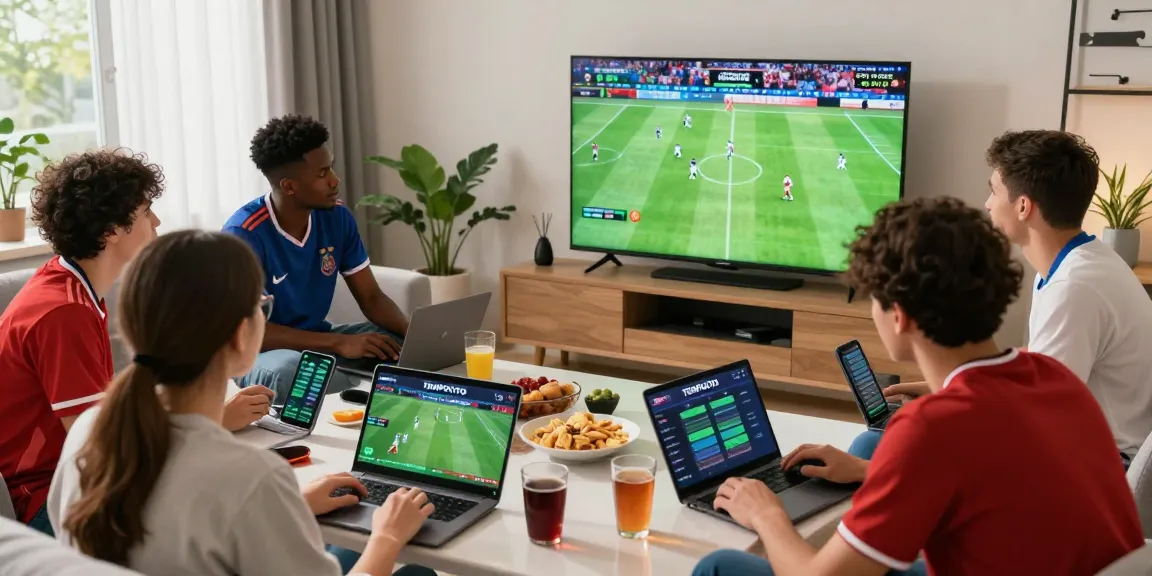 An exciting group of friends engaging in TEMPOTOTO bola betting while watching the World Cup 2026 match in a lively living room atmosphere.
