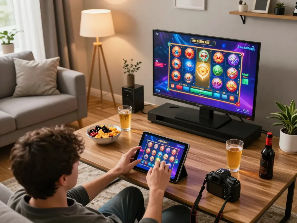 IWIN gaming experience shown with a player enjoying a slot game on a tablet in a cozy home setting.