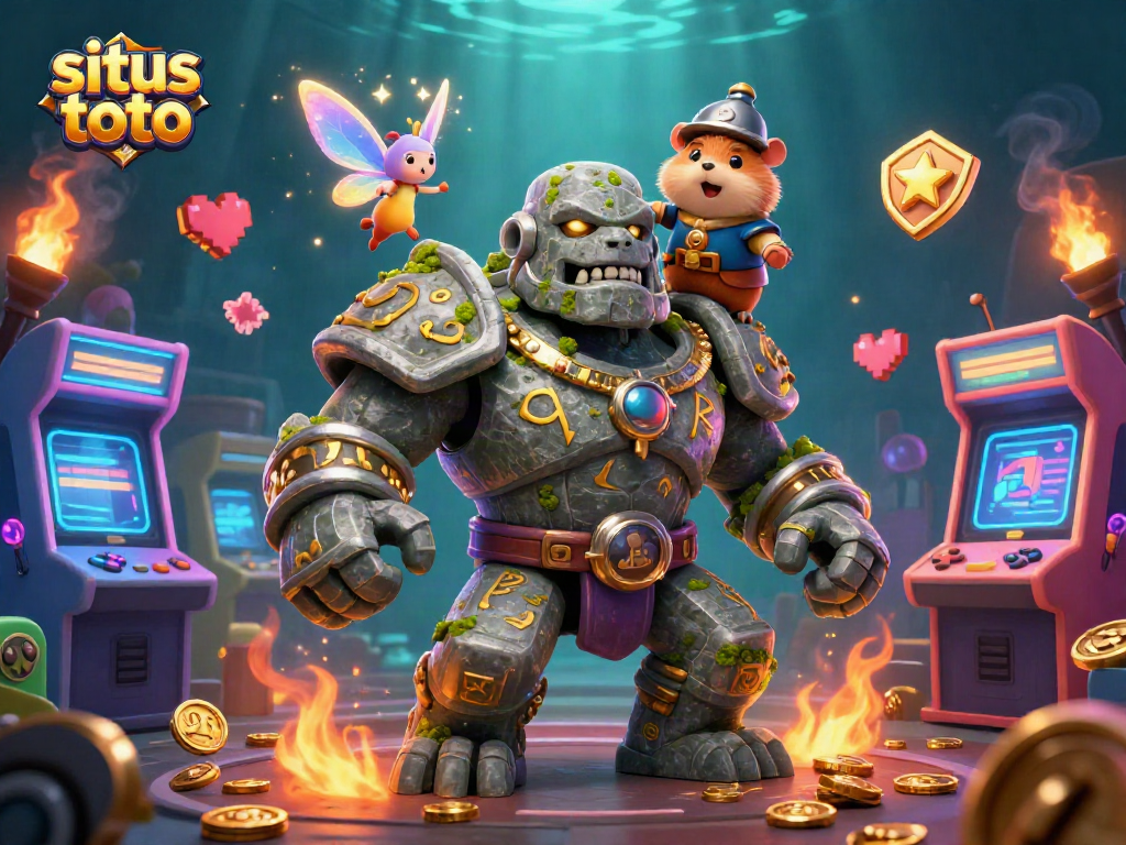 Permainan situs toto yang menarik dengan golem 3D, peri ajaib, dan kesatria hamster di latar belakang kasino.
