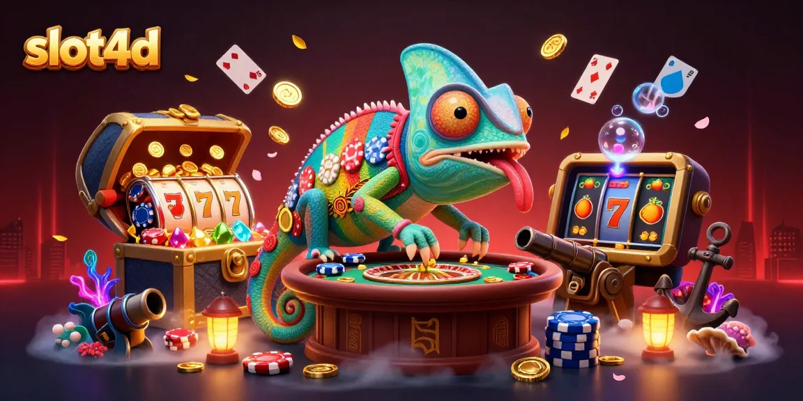 Experience thrilling slot4d gameplay with a vibrant chameleon casino owner and lively game elements.