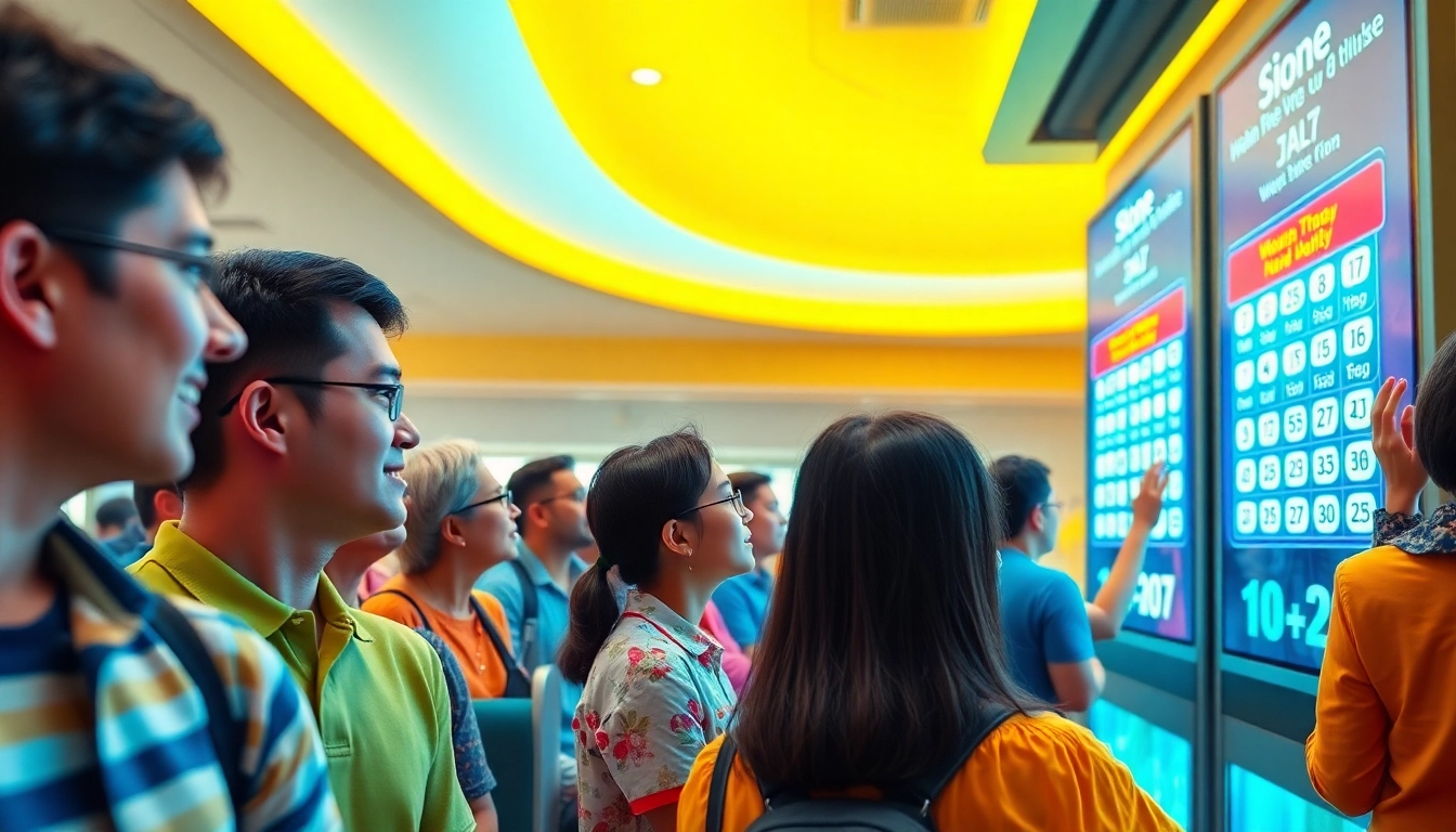 Exciting scene illustrating Xổ số hôm nay with diverse individuals anxiously watching lottery results unfold on a digital screen.
