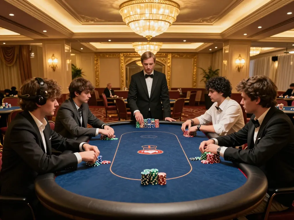 Experienced players strategizing in a high-stakes poker game, showcasing tension and thrill, featuring samsonbet86 atmosphere.