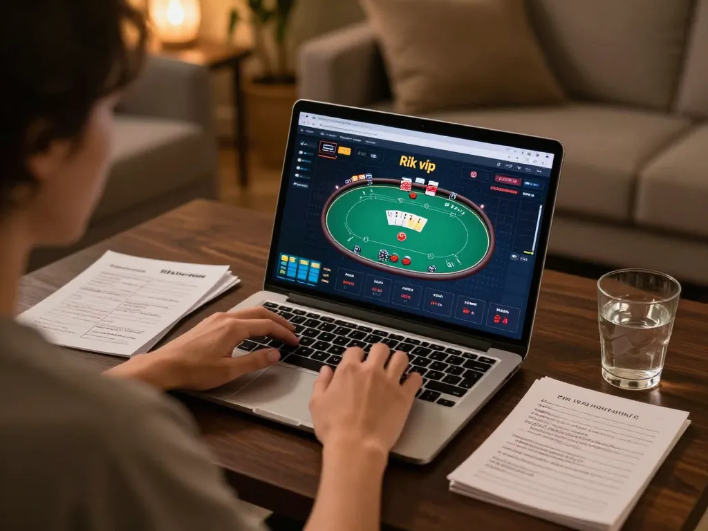 Người chơi tham gia vào một trò chơi poker trên nền tảng Rik vip, thể hiện chiến lược chơi game trực tuyến và sự phấn khích trong không gian ấm cúng tại nhà.