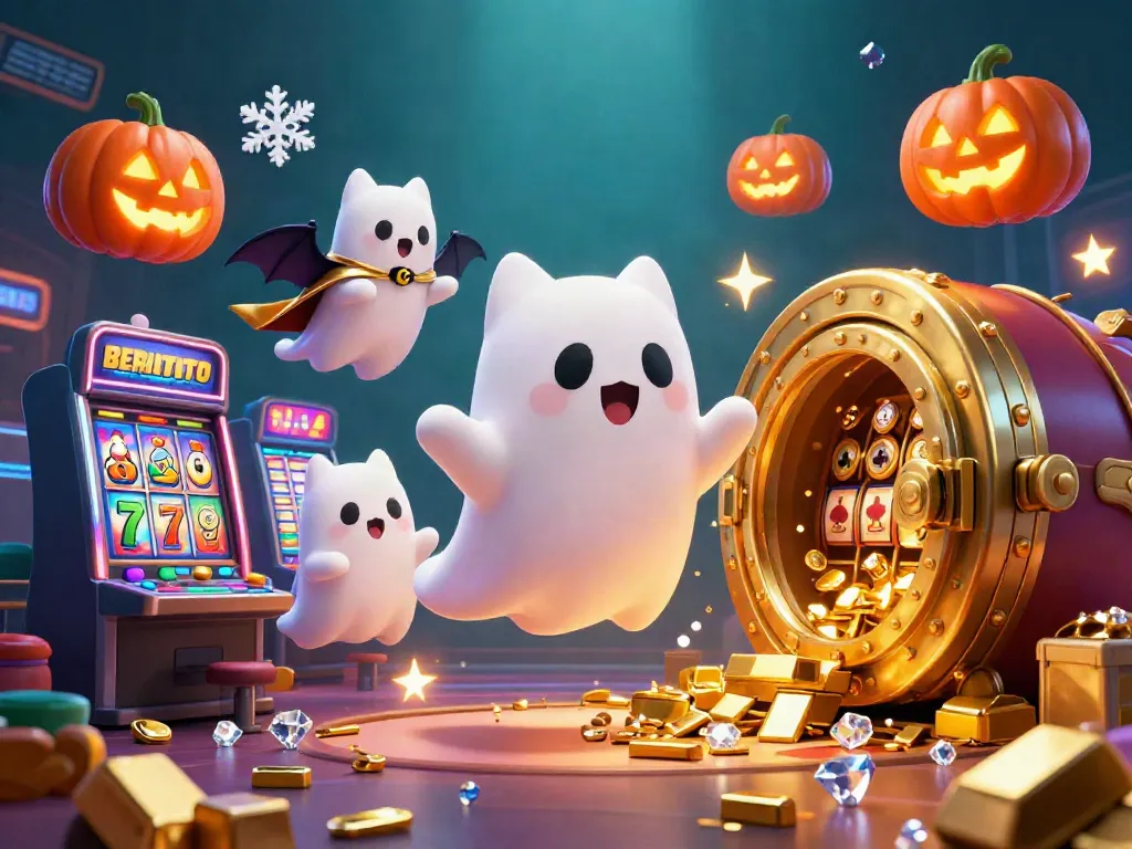 Experience exciting slots with BERLINTOTO, featuring a ghost cat and jackpot icons in a vibrant casino.