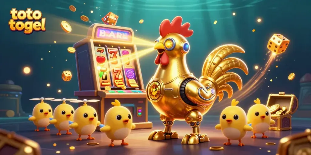 Experience the exciting world of toto togel with a golden rooster robot and vivid casino elements.