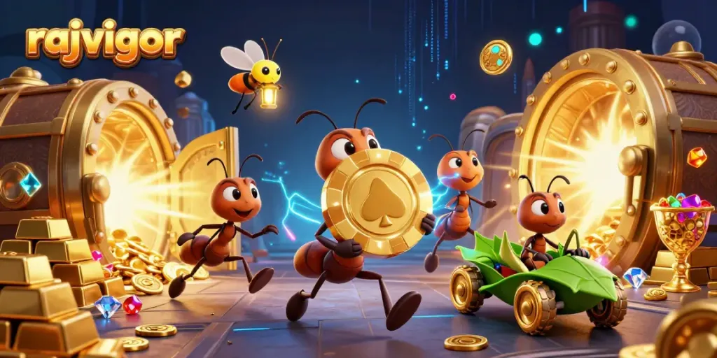 Join the rajavigor heist as ants carry a giant poker chip amidst dazzling casino treasures.