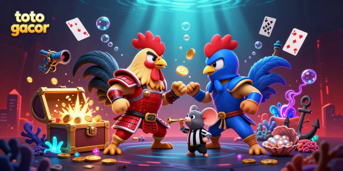 Menghadapi standoff antara ayam bertarung di arena toto gacor yang dramatis dengan perhiasan bawah laut.