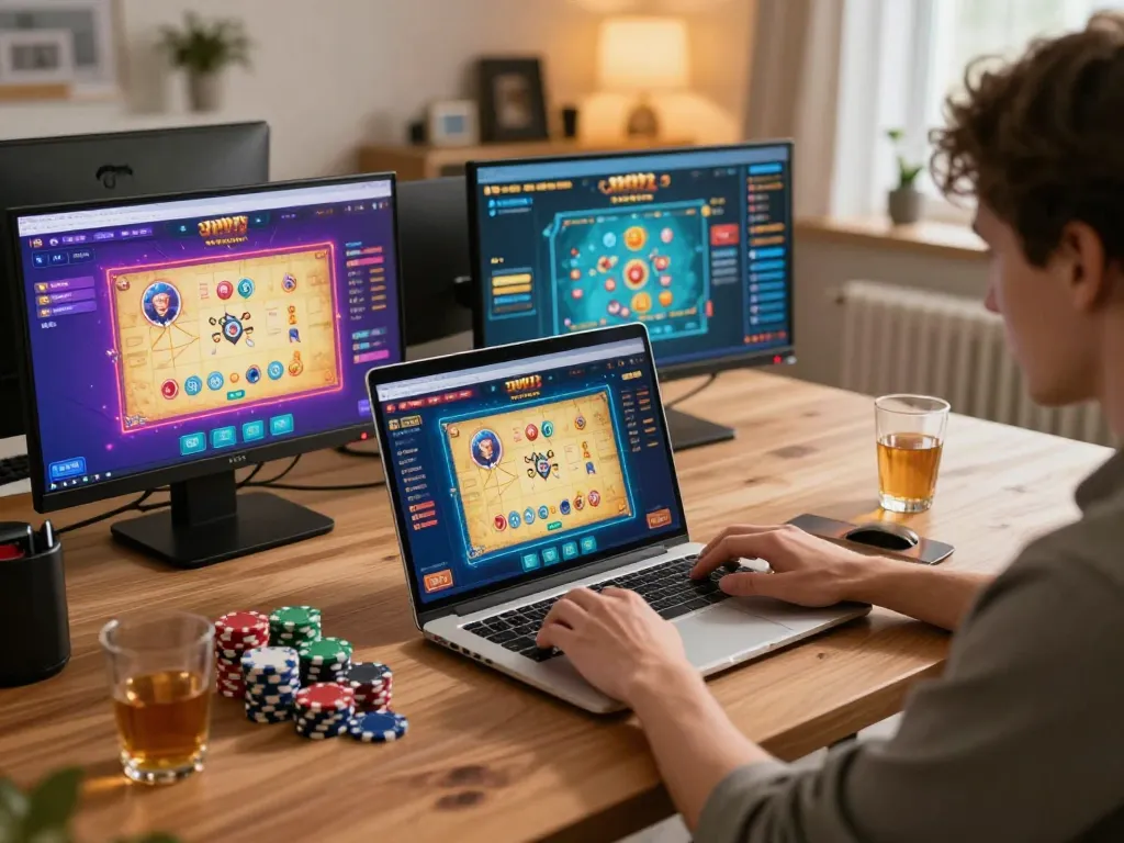 Người chơi Go 88 trên laptop với các màn hình trò chơi casino đầy màu sắc, thể hiện trải nghiệm chơi game trực tuyến thú vị.