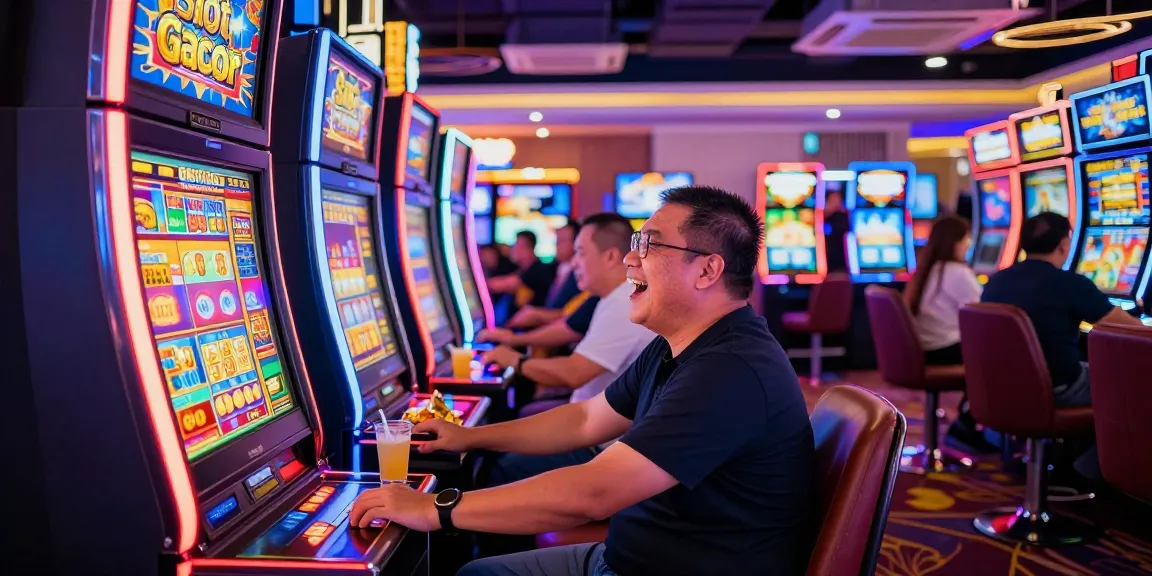 Slot Gacor yang ceria di kasino, pemain senang dengan mesin slot dan suasana ramai.