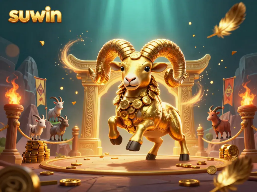 Suwin showcases a massive golden ram charging through a golden gate amid colorful casino elements