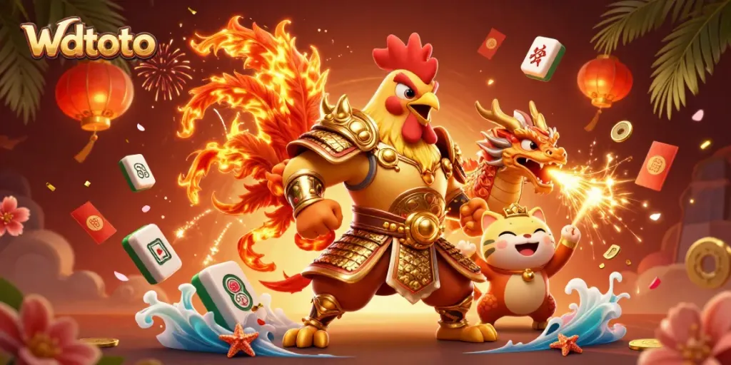 Mengikutsertakan Wdtoto, ilustrasi 3D dengan pejuang ayam bersenjatakan samurai emas dan naga, dikelilingi elemen judi.