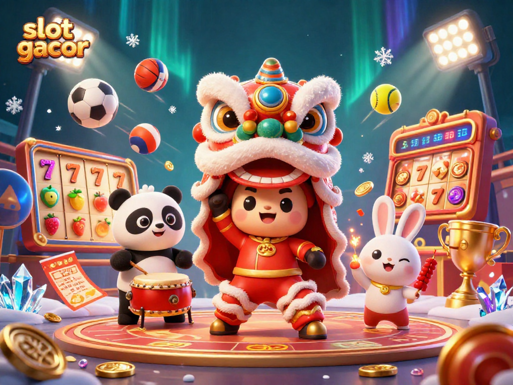 Tampilkan slot gacor dengan karakter unik dalam ilustrasi festival, dikelilingi elemen kasino yang menawan.
