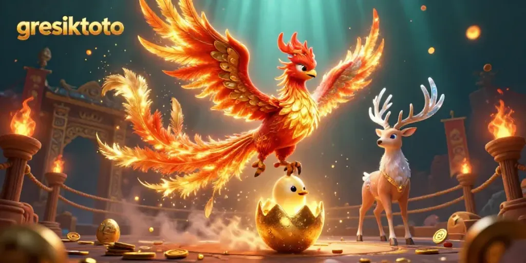 Experience exciting gaming action at gresiktoto with vibrant golden phoenixes and mystical elements in an immersive scene.