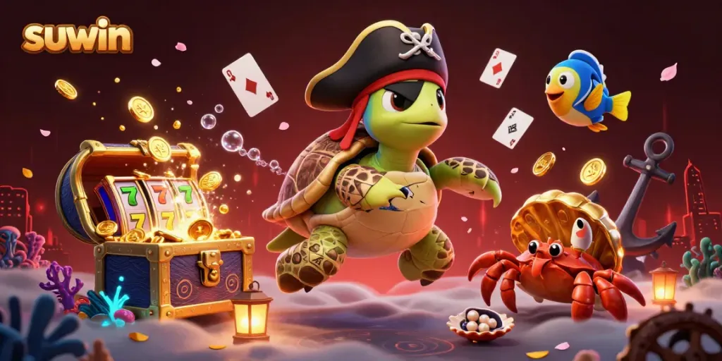Engage with suwin's vibrant underwater slots adventure featuring a pirate turtle and treasures.