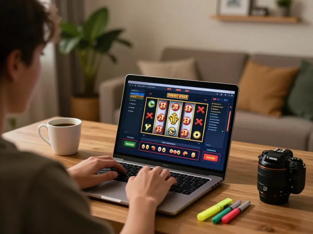 Engaging scene of online gaming with IDCASH88 Alterantif, featuring animated slot reels on laptop screen in a stylish home office.