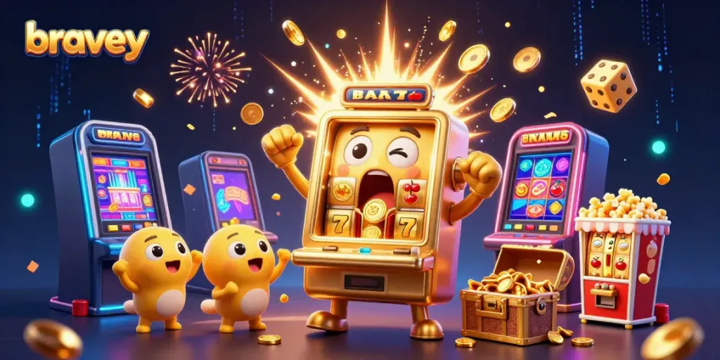 bravey jackpot moment as a cartoon golden slot machine cheers with coins, lively casino vibe