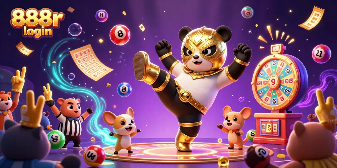 Experience the thrill of 888r login with a dynamic scene featuring playful characters and exciting lottery elements.