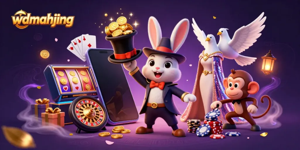 Win big with wdmahjong: a magical wager scene featuring a rabbit, dove, and monkey amidst coins and gaming elements.