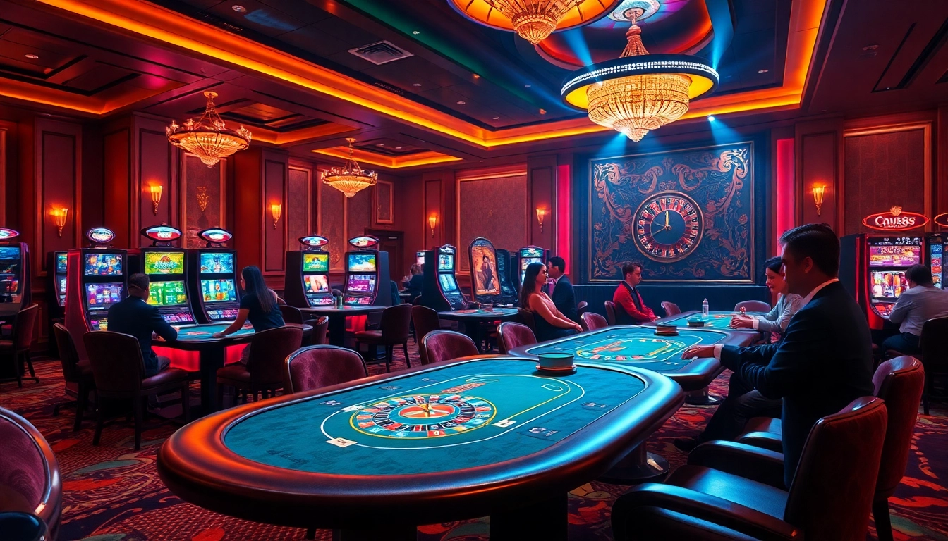 Experience the excitement of CM88 at a vibrant casino with poker tables and slot machines.