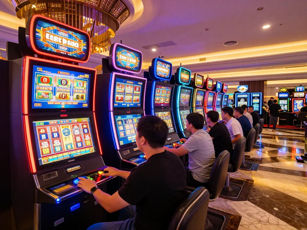 Engaged players spinning slot machines in a lively casino with colorful neon lights