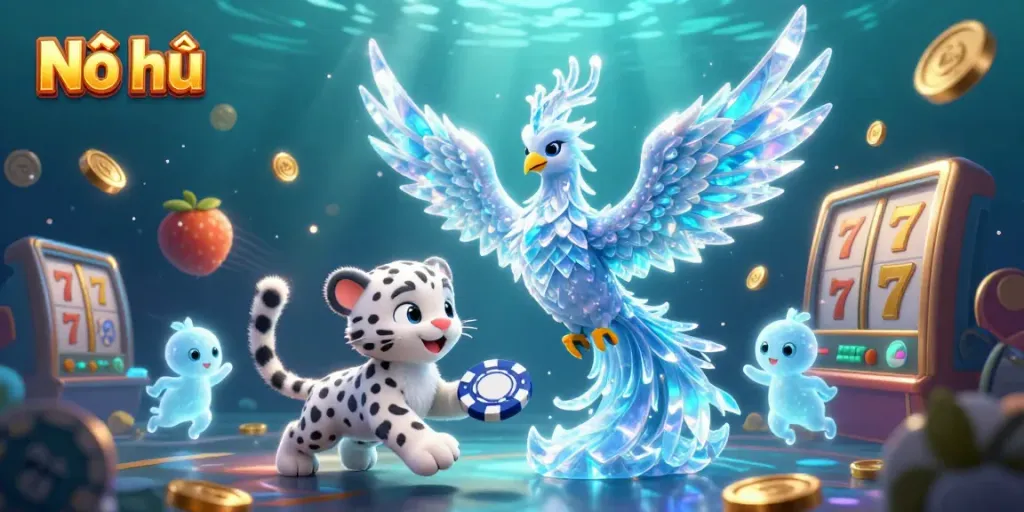 Engage in Nổ hũ gameplay with a whimsical, vibrant casino scene.