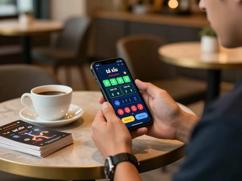 Playing app tài xỉu on smartphone at a cafe, showcasing betting options and engaging gameplay.